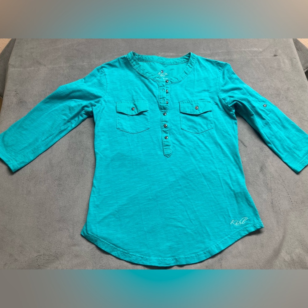 Kuhl Teal 2 Pocket Women’s Henley Top Roll Tab 3/4 Sleeve Size Small